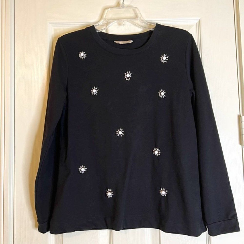 Banana Republic Black Long Sleeve Top with Bead & Gem Flower Embellishments